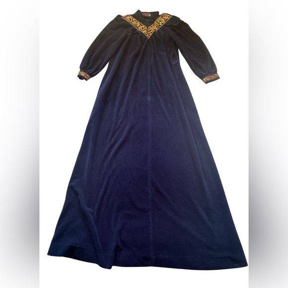 Vintage Vanity Fair Navy Blue Tapestry Detail Pockets Zip House Robe Size Medium - Picture 8 of 9